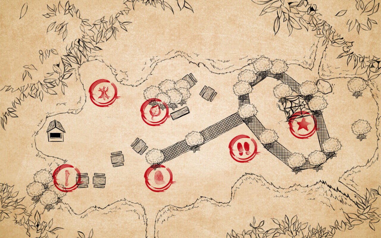 Second part of the map, which represents a clearing at the heart of the forest. It is made in a totally different style as the players end up going back to the past during their adventure, learning about ancient druids and wizards that lived there.